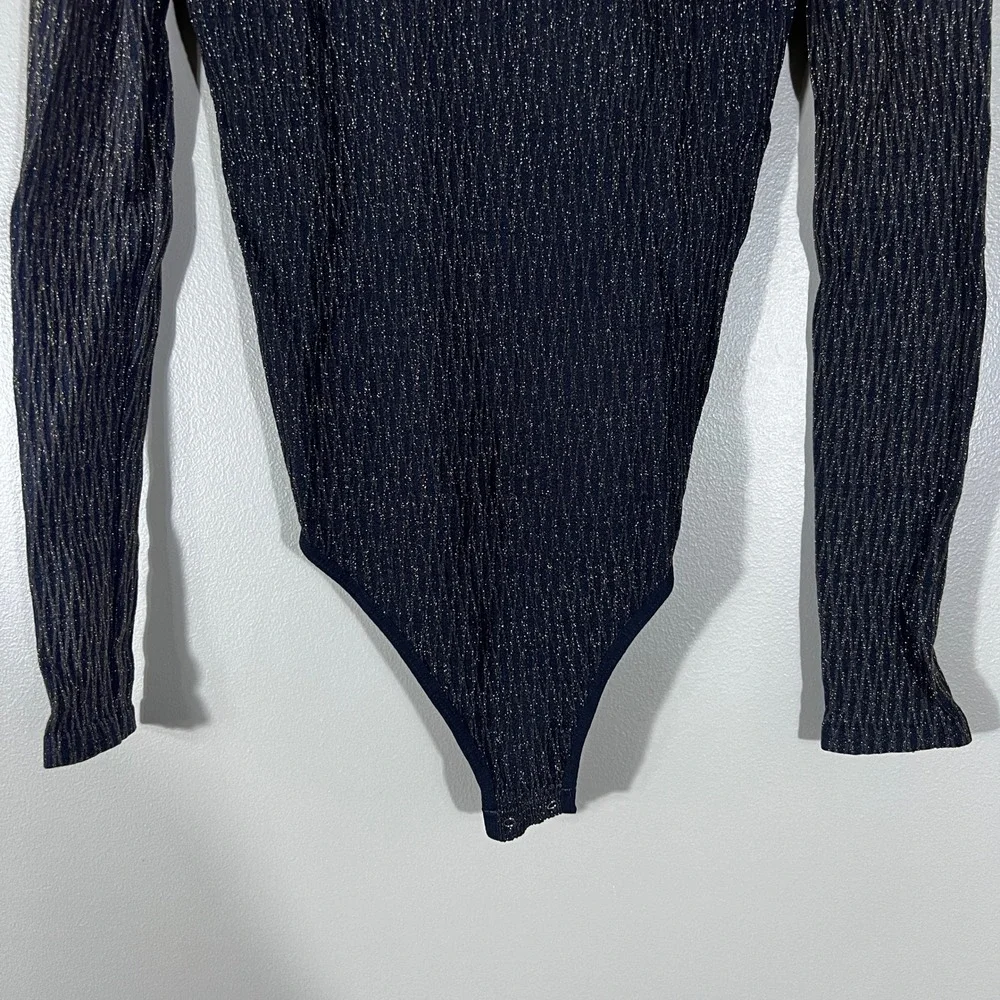 Free People Intimately Ribbed Metallic Bodysuit Navy Gold Sparkle Size XS/S